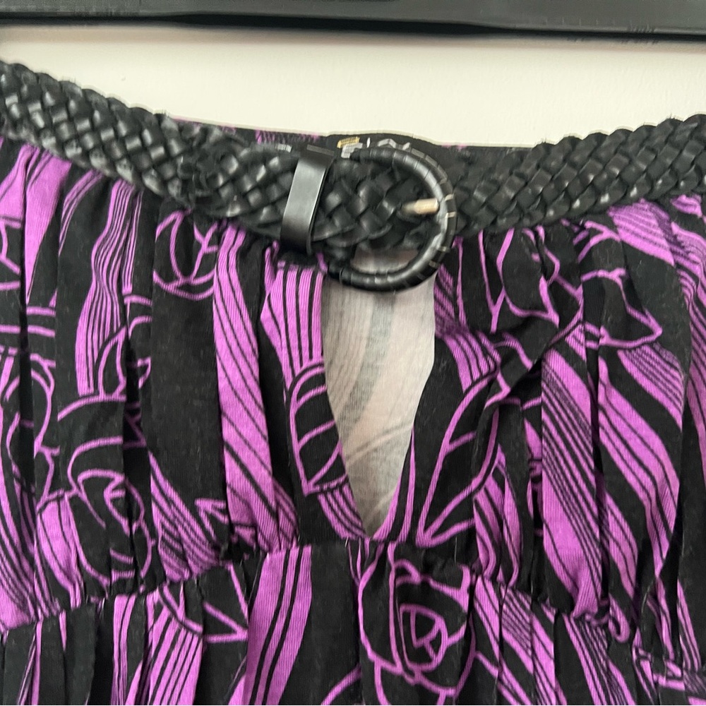 Sky, leather detail, purple and black floral strapless dress